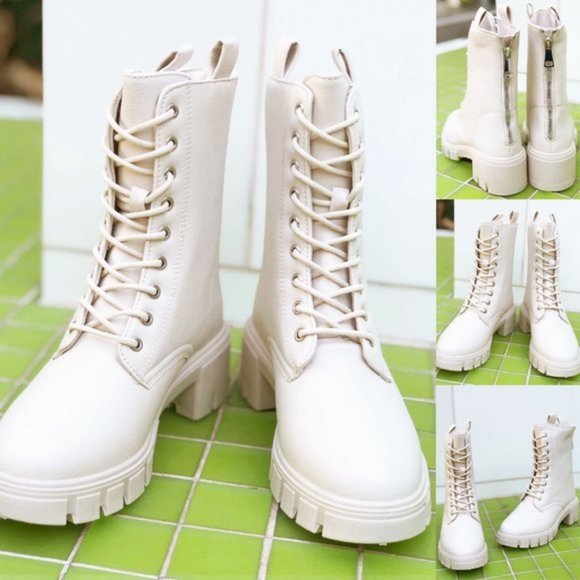 NEW Laced Up Lug Sole Zipper Back Faux Leather Combat Boots Booties Stone Ivory - Picture 2 of 10